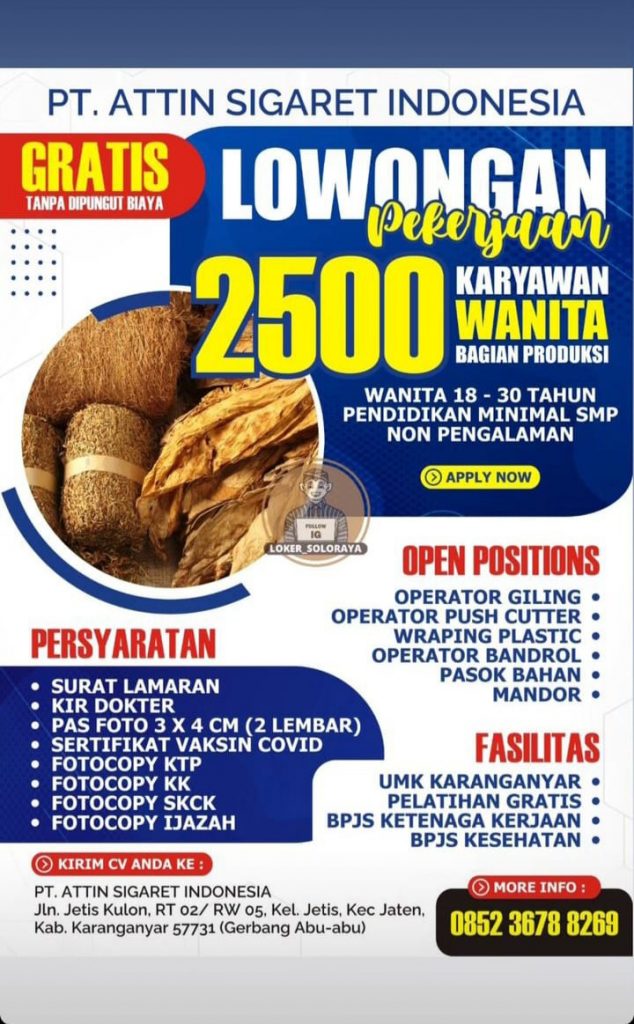 Lowongan Pabrik Rokok PT Attin Sigaret Indonesia - Loker Karanganyar